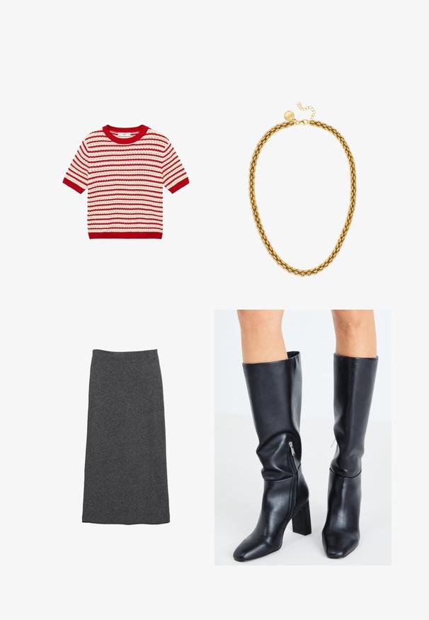 Mango MIMOI - T-shirt print - red; Grijze wollen maxi rok met een rechte snit en elastische tailleband, met een zachte textuur en een gladde afwerking. Geen zichtbare patronen of accenten.; Steve Madden SPEEDWAY - Laarzen - black; Gouden ketting met schakels in de vorm van ovale ringen, een gestructureerd oppervlak, en een sluiting met een klein rond accent en een verlengketting.