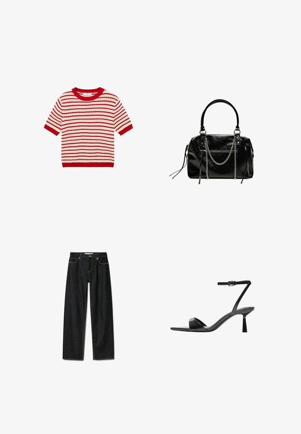 Mango MIMOI - Tricou cu imprimeu - red; Blugi din denim închise la culoare, cu un design drept, închidere cu nasture din alamă și cusături galbene contrastante. Dispune de cinci buzunare și o croială clasică.; Bershka Sandale cu toc - black; Bershka WITH CHAIN - Geantă de mână - black