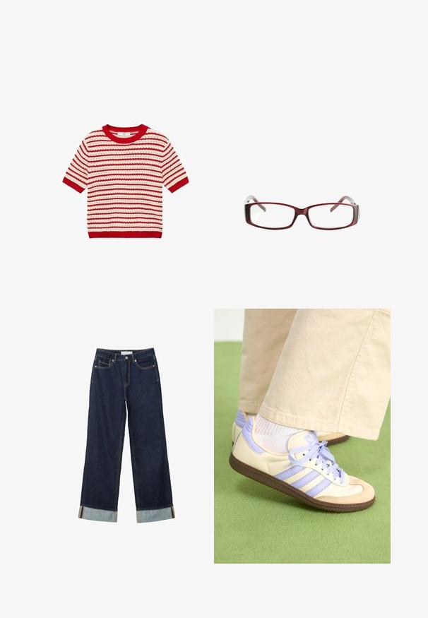 Mango MIMOI - Triko s potiskem - red; Tmavě modré kalhoty s širokými nohavicemi a vysokým pasem, s ohrnutými manžetami, kontrastním prošíváním a pěti kapsami. Vyrobené z denimové tkaniny.; Krémové a levandulové tenisky se třemi pruhy a texturovanou hnědou podrážkou, vybavené tkaničkami a polstrovanou patou. Měkký textilní svršek.; Červené obdélníkové brýle s elegantním designem. Průhledné čočky, mírně průsvitné stranice a přechodový efekt z červené do šedé.