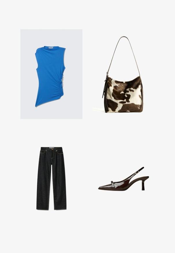 Modra brezrokavna majica iz mehkega materiala, s stranskim nabiranjem in asimetričnim robom za edinstven, sodoben dizajn.; Temno modri kavbojki s ravnim krojem, zapiranje na mesingasto gumb, in kontrastnim rumenim šivanjem. Imajo pet žepov in klasičen kroj.; Rjave lakirane slingback čevlje z oglatim nosom, nizko peto in dekorativno pentljo na sprednji strani. Gladka, sijoča tekstura.; Rjav in krem torba iz kravjega usnja s gladkim usnjenim trakom, z zadrgo in mehko, strukturo površino, ki prikazuje naravni vzorec.