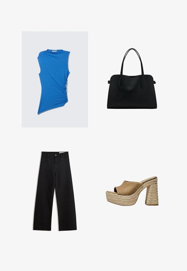 Top albastre fără mâneci, confecționat dintr-un material moale, cu ruching lateral și o margine asimetrică pentru un design modern și unic.; Pantaloni din denim negri cu picioare largi, cu talie înaltă, având buzunare frontale și posterioare, cusături dublate și închidere cu nasture. Textură netedă.; Mule-uri din suede maro cu talpă platformă și vârf deschis, având un toc chunky din jută împletită și un design superior neted, rotund.; Geantă din piele neagră cu două mânere pentru umăr, formă rectangulară și design minimalistic pe un fundal alb.