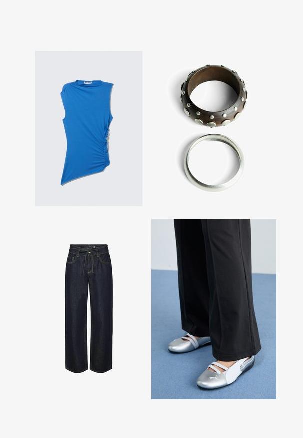 Blue sleeveless top made of soft fabric, featuring side ruching and an asymmetrical hem for a unique, modern design.; Dark denim wide-leg jeans with a drawstring waist, featuring contrast stitching, front pockets, and a slightly loose fit.; Silver and white flat shoes with crossover straps and textured detailing, complemented by loose black trousers. Set against a blue floor.; Wooden ring with metallic studs, dark brown color, textured surface. Silver-colored smooth band ring, simple design.