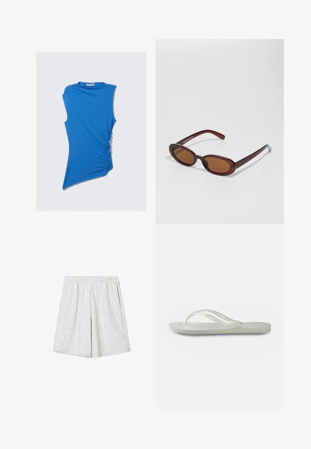 Haut sans manches bleu en tissu doux, avec des fronces sur les côtés et un ourlet asymétrique pour un design moderne et unique.; Shorts de sport gris clair en tissu doux, dotés d'une taille élastique, d'une coupe décontractée et d'une texture subtile. Pas de motifs ni d'accents visibles.; Tong en plastique blanche avec une semelle texturée, dotée de fines brides et d'un design plat. Fabriquée en caoutchouc avec un logo discret sur le coussin de pied.; Lunettes de soleil rondes teinte brun avec une monture bordeaux brillante. Branches fines avec un détail de marque subtil. Design de verres plats.
