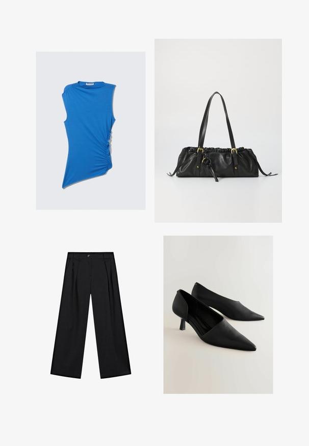 Top blu senza maniche realizzato in tessuto morbido, caratterizzato da arricciature laterali e un orlo asimmetrico per un design moderno e unico.; Pantaloni neri a gamba larga realizzati in tessuto morbido, con pieghe frontali, tasche laterali e chiusura con bottone in vita.; Scarpe alte in pelle nera con punta affusolata, caratterizzate da un design minimalista e un tacco corto e quadrato. Texture liscia e silhouette elegante.; Borsa a tracolla nera in pelle con parte superiore arricciata, due manici, dettagli in metallo dorato e un accent centrale circolare. Texture liscia, forma compatta.