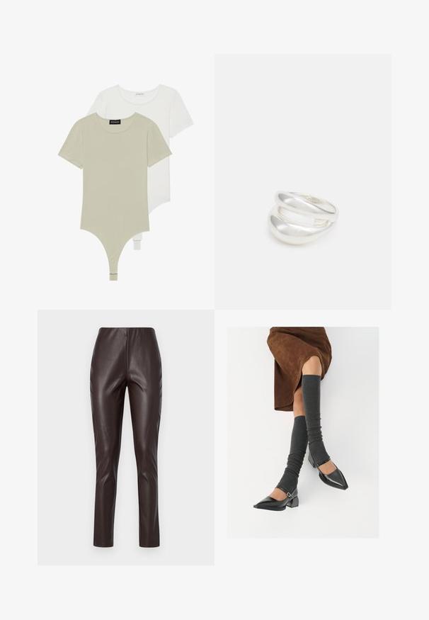 Kaks lühikeste varrukatega bodysuit'i helesinises ja valges värvitoonis, valminud pehmest puuvillast. Omab ümmargust kaelust ja stringi stiilis põhi, millel on nööbist sulgemine.; Pruunid faux nahast legginsid, mis on sileda tekstuuriga, kõrge vöökohaga ja kitsaste lõikega. Omavad nõtket disaini ilma nähtavate õmbluste või kaunistusteta.; Mustad patsaline odav värviga kingad, millel on kreen ja pahkluuring, on paaritatud hallide ribakudumitega sääremiidega ja pruunist nahast seelikuga.; Hõbedane kahekordne rõngas sujuva, poleeritud pinnaga. Omab voolavat, kõverat disaini, millel on kattuvad sektsioonid, et saavutada kaasaegne ilme.