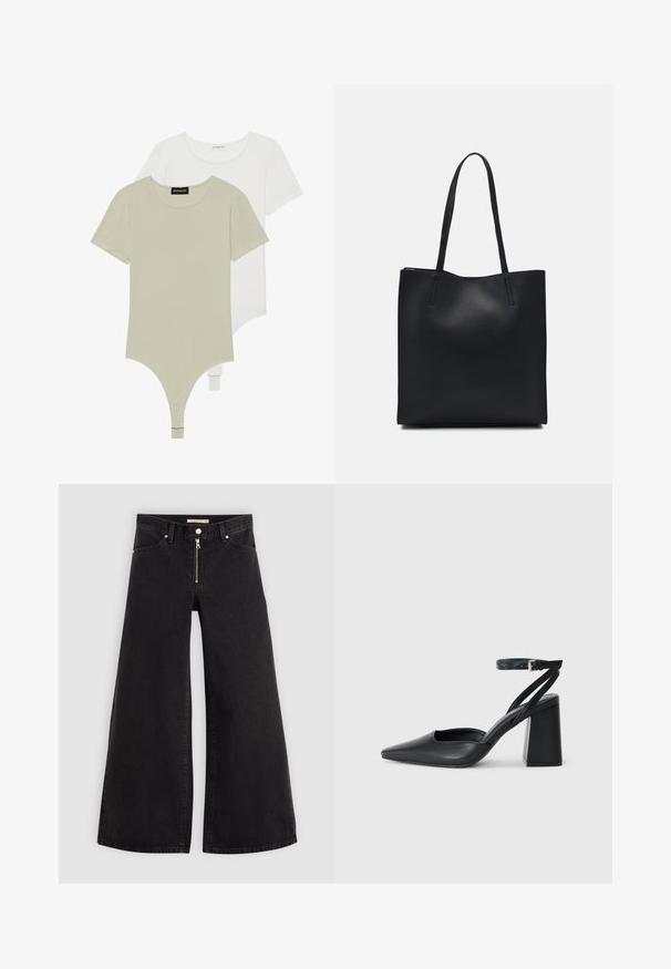 Du trumpos rankovės bodysuitai šviesiai žalia ir balta spalvų, pagaminti iš švelnaus medvilnės. Savybės: apvalus iškirpimas ir thong tipo dugnas su spaudėmis.; Plačios kojų džinsai iš juodo džinsinio audinio su užtrauktuku priekyje, penkių kišenių dizainu ir subtiliais siuvinėjimo akcentais. Lygus paviršius ir laisvalaikio stilius.; Juoda odinė smailiagalė aukštakulnio bateliai su kulkšnies dirželiu ir storu kulnu. Lygus paviršius, elegantiškas dizainas ir minimalistiška estetinė. ; Juodas odinis tote krepšys su lygia tekstūra, stačiakampio formos ir dviem ilgais rankenomis. Matomų metalinių detalių ar puošybos nėra.