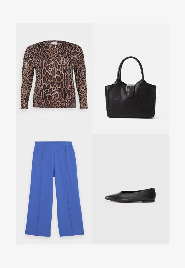 Camisa de mangas longas com padrão de leopardo apresentando tons de castanho, preto e bege. Textura suave com um ajuste descontraído.; Calças largas feitas de um tecido suave e elástico em azul brilhante. Apresentam uma cintura plana e dois pregas frontais para adicionar um detalhe de design.; Bailarina de couro preto, bico fino, design minimalista, textura suave, salto baixo, sem hardware ou embelezamentos visíveis.; Bolsa tote de couro preta com textura suave, forma estruturada, duas alças e um destaque prateado proeminente na parte da frente.