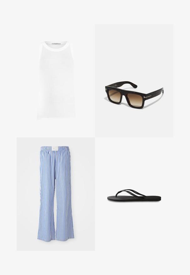 White sleeveless tank top made of ribbed fabric, featuring a round neckline and seamless edges for a smooth fit.; Blue and white striped trousers with a relaxed fit, made of lightweight fabric, featuring an elastic waistband and a subtle logo tag.; Black flip-flop featuring a textured rubber sole, two slender straps, and a subtle, embossed logo detail on the strap.; Tortoiseshell sunglasses with a square frame, gradient brown lenses, and subtle gold hardware accents on the temples.; Brown suede tote bag with two soft handles, a vertical strap with a silver accent, and a wide, open top. Smooth texture, minimalist design.