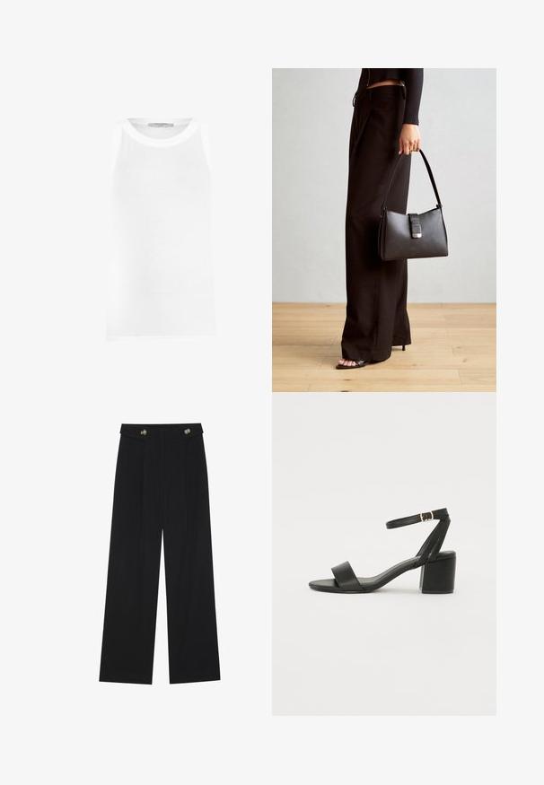 Fehér ujjatlan trikó, bordás anyagból készült, kerek nyakkivágással és varrat nélküli élekkel a sima illeszkedés érdekében.; Fekete, bő szárú nadrág magas derékkal, gombos részletekkel a derékrészen és elülső pliszékkal.; Fekete magassarkú szandál sima bőr felső résszel, nyitott orral, széles elülső pántokkal és állítható bokapánttal, arany csat részlettel.; Fekete kézi táska strukturált formával, sima textúrával és fémből készült záródással. Széles fekete nadrággal és nyitott orrú szandállal párosítva, fából készült padlón.