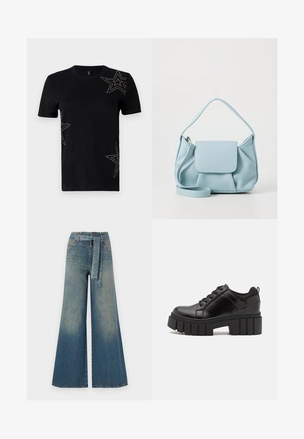 Mustmust särg lühikeste varrukatega, mille esiküljel on kaunistavad tähemotiivid, mis on ääristatud väikeste naeltega.; Laiad denimpüksid, millel on hele tume sinine gradiendiefekt, kõrge vöökoht, vöökumlid ja sobivast kangast vöö. Struktureeritud denimi viimistlus.; Must musta platvormsussid paksu plokkninal, ümmarguse varbaga ja traditsioonilise nööridega kinnitamisega. Sussid on sileda tekstuuriga ja minimaalsete detailidega.; Heledad sinine nahkrahakott ülemise käepidemega, esiküljel klapiga tasku ja eemaldatav randmepael valgel taustal.