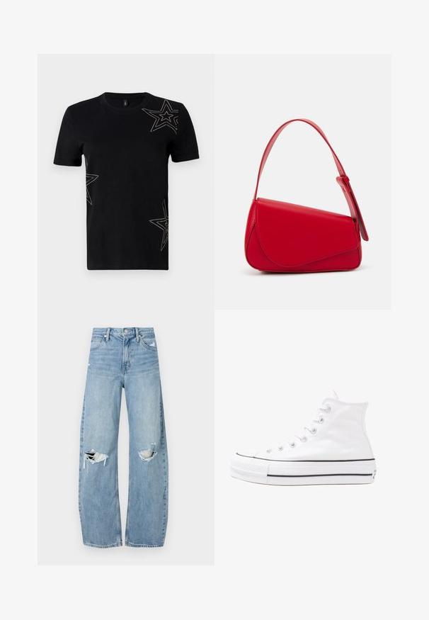 Černé bavlněné tričko s krátkým rukávem, které má na přední straně ozdobné motivy hvězd vyznačené malými cvočky.; Světle modré džíny s vysokým pasem vyrobené z denimu. Mají široké nohavice, dvě roztržené oblasti na kolenou a klasický pětikapsový střih.; Bílé vysoké plátěné tenisky s černou gumovou podrážkou, přední gumovou špičkou a šesti očky na tkaničky, se čistým, minimalistickým designem.; Červená kožená kabelka s ostrým, geometrickým designem. Má jeden nastavitelný popruh a klopu s prošívanými detaily.