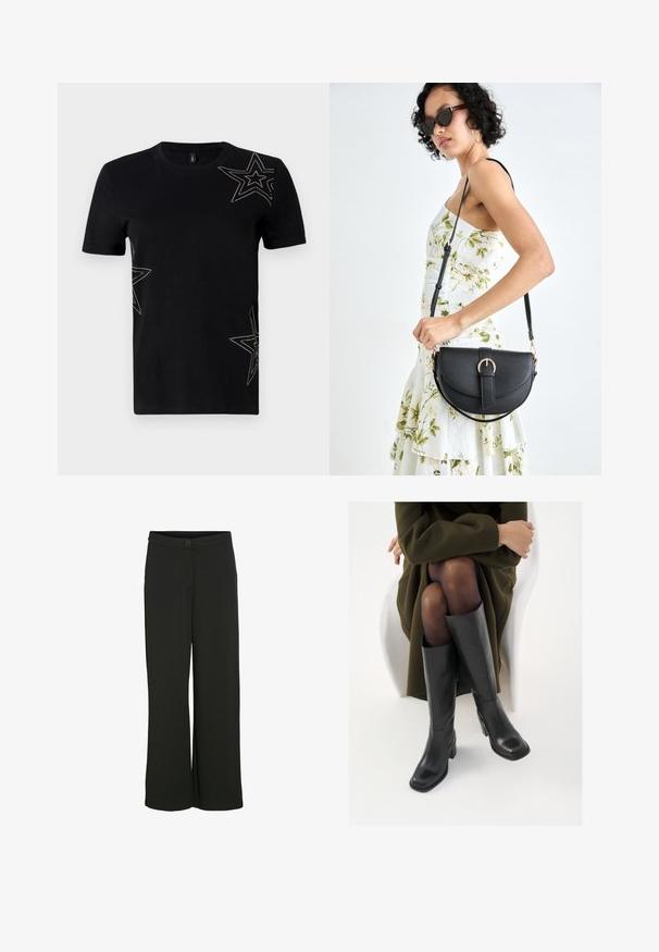 Camiseta de algodón negra con mangas cortas, que presenta motivos decorativos de estrellas contorneadas con pequeños tachuelas en la parte frontal.; Pantalones negros de pierna ancha en una tela suave. Presenta un cierre de botón en la parte frontal y dos bolsillos laterales. Corte recto sin adornos.; Botas de cuero negro hasta la rodilla con puntera cuadrada y tacón de bloque, presentadas con un modelo sentado en un abrigo verde oliva. Textura suave, mínimo detalle.; Bolso de piel negra con forma curva, correa desmontable y herrajes dorados. El bolso cuenta con una solapa con un detalle de hebilla.