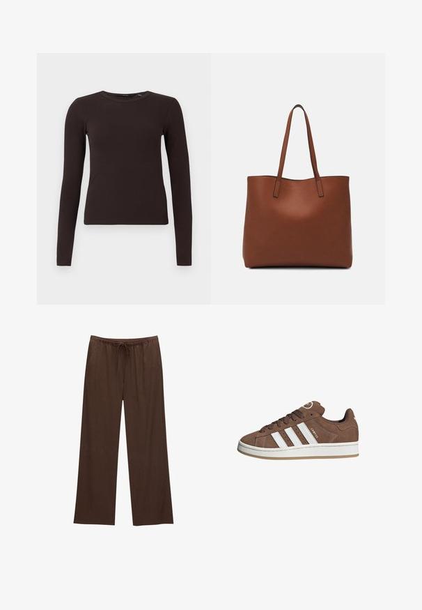 Donkerbruin geribbeld langharig crew neck shirt met een getailleerd silhouet, weergegeven op een effen witte achtergrond.; Bruine wijde broek gemaakt van zachte stof, met een elastische tailleband en een trekkoord, en twee zijzakken.; Bruine suède sneaker met witte leren strepen, rubberen zool, ronde neus en vetersluiting. Kenmerkt zich door een logo op de tong en geperforeerde accenten.; Bruine leren tote bag met een gladde textuur, een ontwerp met een open bovenkant en twee schouderbanden. Kenmerkt zich door minimale stiksels en geen zichtbare hardware.