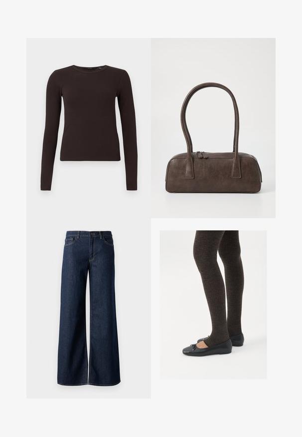 Mørkebrun ribbestrikket langermet crewneck-genser med en tettsittende silhuett, vist på en enkel hvit bakgrunn.; Vide benbukser i mørkeblå denim. Har kontrastsøm, fem lommer og en knaplukning i taljen. Glat tekstur.; Sorte flate sko med en liten sløyfedetalj på tåen, kombinert med mørkebrune ribbede strømpebukser. Skoene har en glatt overflate og lav profil.; Brun lærveske med to robuste håndtak, rektangulær form, jevn tekstur og glidelås. Minimalistisk design uten synlige mønstre.