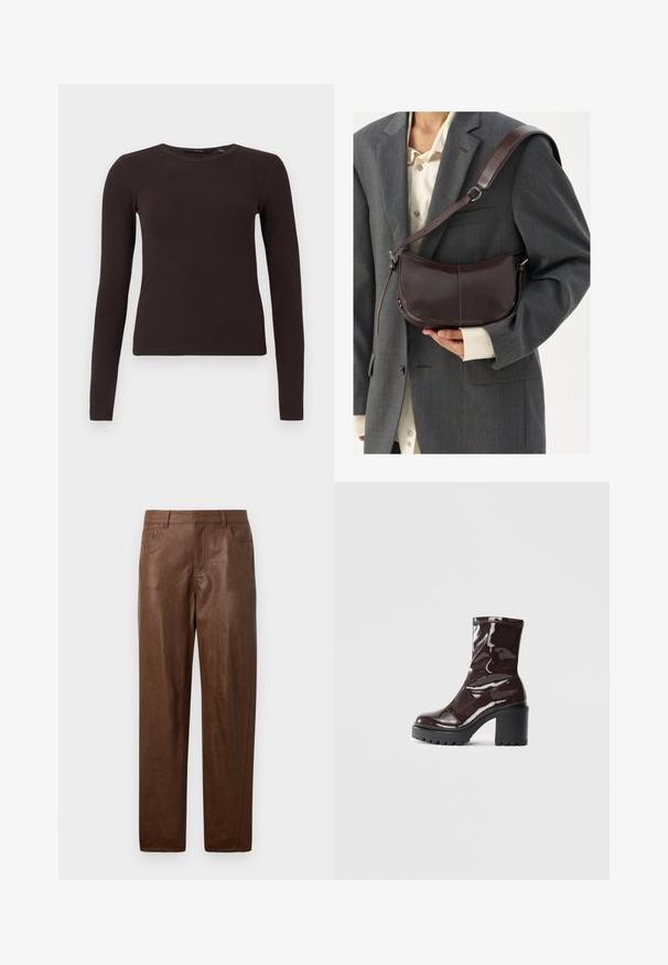Ciemnobrązowa, żeberkowana bluzka z długim rękawem i okrągłym dekoltem, o dopasowanym kroju, prezentowana na jednolitym białym tle.; Brązowe skórzane spodnie o gładkiej fakturze, z prostym krojem nogawki i dwoma bocznymi kieszeniami. Posiada widoczne detale szwów.; Błyszczące bordowe botki za kostkę z masywną czarną obcasem, charakteryzujące się gładką teksturą i prostym wzornictwem. Brak widocznych zapięć lub wzorów.; Brązowa skórzana torba na ramię o zakrzywionym kształcie, z odczepianym paskiem, gładką fakturą i widocznymi detalami stębnowania.