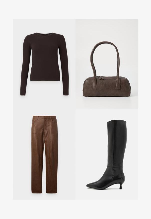 Dunkelbraunes, geripptes Langarmshirt mit Rundhalsausschnitt und figurbetontem Schnitt, auf einem schlichten weißen Hintergrund präsentiert.; Braune Lederhosen mit glatter Textur, geradem Beindesign und zwei Seitentaschen. Enthält sichtbare Nähte.; Zign Stiefel - black; Braune Lederhandtasche mit zwei stabilen Griffen, rechteckiger Form, glatter Oberfläche und Reißverschluss. Minimalistisches Design ohne sichtbare Muster.