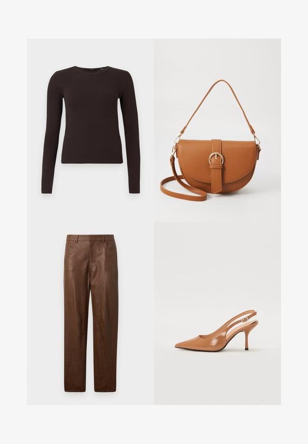 Tumedat pruuni ribidega pikad varrukad ja ümara kaelusega peasaade, millel on sobiv siluett, esitatud lihtsal valgel taustal.; Pruun nahkpükste siledast kangast, sirge jala disainiga ja kahe küljetaskuga. Omab nähtavaid õmbluse detaile.; Küüntega slingback konts, mis on valmistatud siledast ja läikivast tan värvi materjalist. Omab kaarjat lõigatud disaini ja õhukest stiletto kontsa. Hõbedane pandla detail.; Pruun nahast õlakott, millel on kumer kuju, kullavärvi riistvara ja pandlaga kaunistus. Omab eemaldatavat õlarihma.