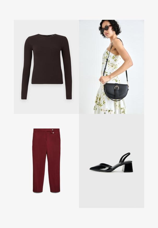 Ciemnobrązowa, żeberkowana bluzka z długim rękawem i okrągłym dekoltem, o dopasowanym kroju, prezentowana na jednolitym białym tle.; Slim-fit bordowe spodnie z kieszeniami bocznymi i podwójnym zapięciem na guzik w talii, wykonane z gładkiego materiału.; Czarne lakierowane półbuty na obcasie z wydłużonym noskiem i geometrycznym słupkiem. Charakteryzują się eleganckim, minimalistycznym designem oraz gładką fakturą.; Czarna skórzana torebka o zakrzywionym kształcie, z odpinanym paskiem i złotymi akcentami. Torebka posiada klapę z zapięciem w kształcie klamry.
