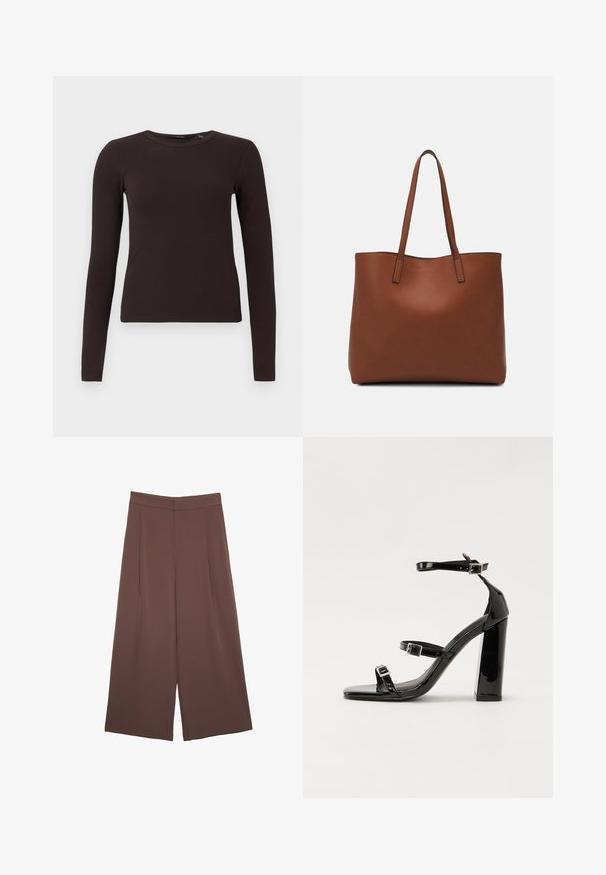 Dunkelbraunes, geripptes Langarmshirt mit Rundhalsausschnitt und figurbetontem Schnitt, auf einem schlichten weißen Hintergrund präsentiert.; Braune Weite-Leg-Hosen mit einer glatten Textur, hoher Taille und Vorderfalten. Der Stoff ist leicht und fällt locker.; Schwarze patentierte Sandalen mit Absatz, quadratischer Spitze, Knöchelriemen und silbernen Schnallen. Mit einem stabilen Blockabsatz für mehr Stabilität.; Braune Leder-Tote mit glatter Textur, offenem Oberteil und zwei Schulterriemen. Verfügt über minimale Nähte und keine sichtbaren Beschläge.