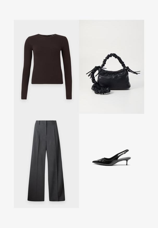 Tumedat pruuni ribidega pikad varrukad ja ümara kaelusega peasaade, millel on sobiv siluett, esitatud lihtsal valgel taustal.; Tumesed püksid tumesinises kangas, kõrge vöökoht, üks voldik ning sile struktuur puhaste ääristega.; Musthave nahkased kõrged kontsad, millel on terav varvas, väike kitten-kont ja dekoratiivne sõlm ees. Ühtlane sile tekstuur.; Must must sünteetilisest nahast käekott, millel on krokodillimuster, kokku tõmmatav ülaosa ja kortsus rihm. Tundub pehme ja kompaktne disain.