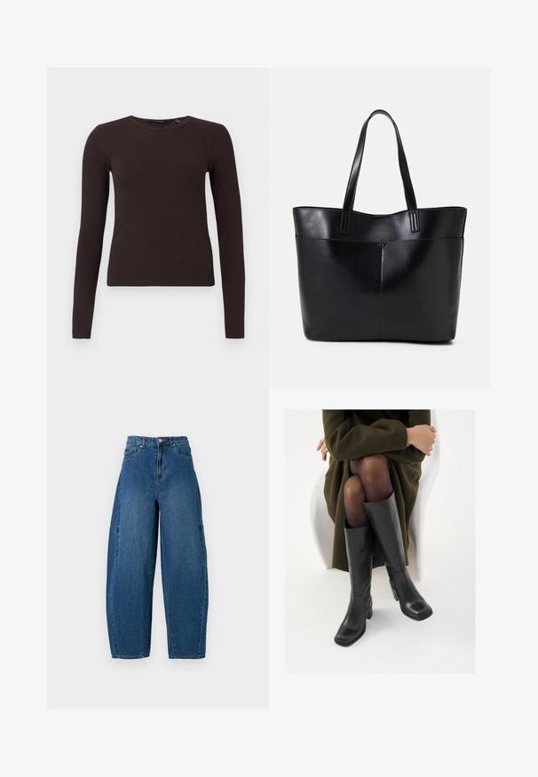 Top de culoare maro închis, cu mânecă lungă și gât rotund, cu o siluetă ajustată, expus pe un fundal alb simplu.; Jeans din denim cu o nuanță medie de albastru, având talie înaltă, tăietură cu picioare largi și un design standard cu cinci buzunare, cu detalii de cusătură vizibile.; Cizme din piele neagră, până la genunchi, cu vârf pătrat și toc bloc, prezentate pe un model așezat într-o haină verde măsline. Textură netedă, detalii minime.; Geantă oversized din piele neagră, cu două mânere lungi, de textură netedă și formă structurată. Are un buzunar frontal pentru stocare suplimentară.