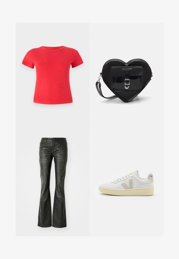 Červené bavlněné tričko s krátkými rukávy, kulatým výstřihem a hladkou strukturou, s přiléhavým střihem a bez viditelných vzorů či detailů.; Černá a šedá kostičkovaná košile s límečkem, dlouhými rukávy a volným střihem. Tkanina vypadá měkce s mírnou strukturou.; Černé kožené zvonové džíny s předními kapsami, kovovým zapínáním a mírně texturovaným povrchem. Rovný střih s dlouhým zakončením.; Bílé kožené tenisky s béžovými semišovými akcenty, perforovanou špičkou, plochými tkaničkami a strukturovanou krémovou podešví. Obsahují jemné logo na patě.; Černá taška ve tvaru srdce vyrobená z lakované kůže, s přední kapsou a uzávěrem na přezku, a s odnímatelným popruhem. Stříbrné kovové detaily.