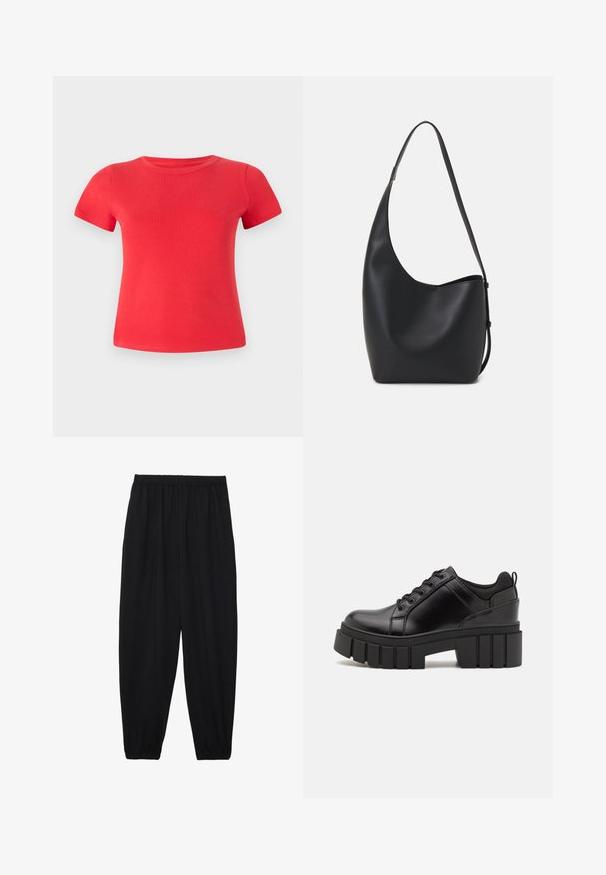 Rdeča bombažna majica s kratkimi rokavi, okroglim izrezom in gladko teksturo, ki ima prilega obliko brez vidnih vzorcev ali detajlov.; Črne, lahke hlače z elastičnim pasom in nabranimi gležnji. Tkanina je gladka in ima sproščen, taperiran dizajn.; Črne usnjene platforme z debelim blokastim petam, okroglo konico in klasičnim vezanjem. Imajo gladko teksturo in minimalne podrobnosti.; Črna usnjena hobo torba z gladko teksturo, ukrivljeno obliko in eno nastavljivo naramnico; ima širok odprtina na vrhu.
