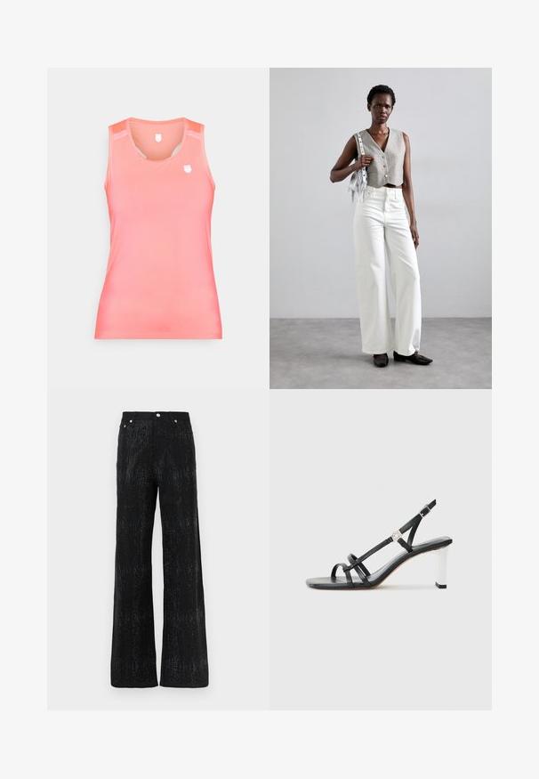 Top bez rękawów w gradientowym kolorze koralowym, wykonany z gładkiego, elastycznego materiału. Posiada małe logo na klatce piersiowej oraz siateczkowe detale na ramionach.; Czarne spodnie szerokie o teksturowanej powierzchni, z błyszczącym wzorem. Wykończone standardowym pasem i metalowymi guzikami jako akcentami.; Czarne sandały na obcasie z wieloma wąskimi paskami, z elastycznym zapięciem na pięcie i srebrnym akcentem na obcasie. Gładki materiał wierzchni i kwadratowy obcas.; Szary krótki kamizelka z guzikami, zestawiona z białymi szerokimi spodniami dżinsowymi i czarnymi płaskimi butami. Uzupełniona o małą srebrną torebkę z frędzlami.