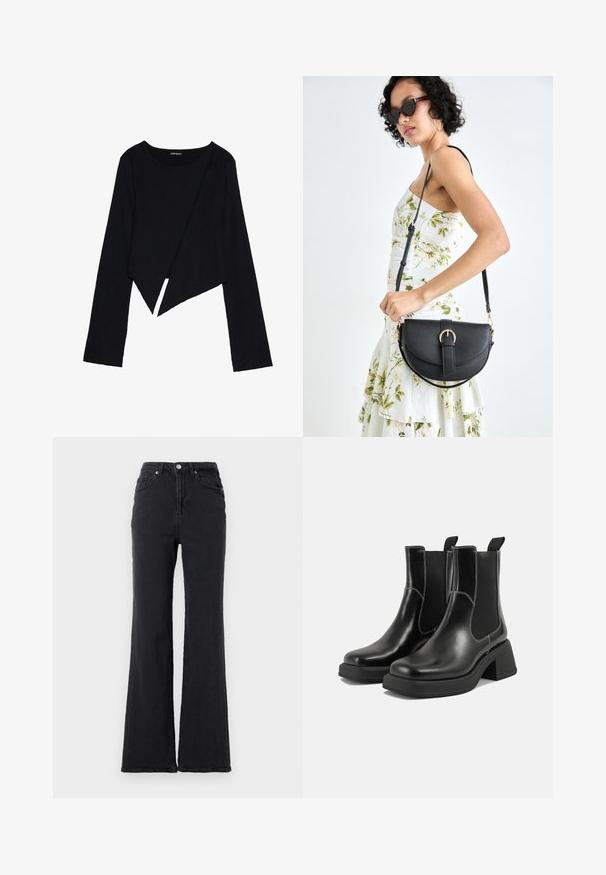 Black long-sleeve top featuring a crew neck, asymmetrical hem, and textured fabric. The design has a unique draped front detail.; Black high-waisted denim jeans with a flared leg, front button, and five-pocket design against a plain white background.; Black leather Chelsea boots with a chunky heel, elastic side panels, and contrasting white stitching. Textured finish.; Black leather handbag with a curved shape, detachable strap, and gold hardware. The bag features a flap with a buckle detail.