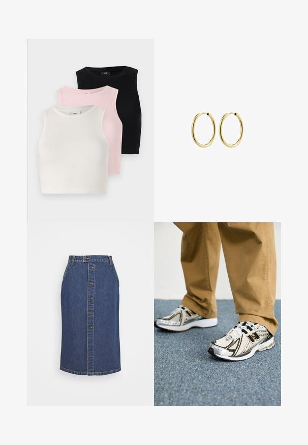 Kolme ilma varrukat crop topi ribatud tekstuuriga: valge, hele roosa ja must. Igal on ümar kaelus ja sobiv disain.; Tume sinine denimist pencil seelik, millel on ees nööpidega sulgemine, vertikaalsed õmblused ja klassikaline serv.; Valged ja hõbedased New Balance'i spordijalatsid mustade aktsentide ja paeltega, millel on võrgust pealmine osa, pehmendusega tallad ja dünaamiline disain.; Kuldmetallist rõngas kõrvarõngad siledapinnaga, ringikujulised ja kindla kinnitusega. Poleeritud pind, ilma nähtavate mustrite või aktsentideta.