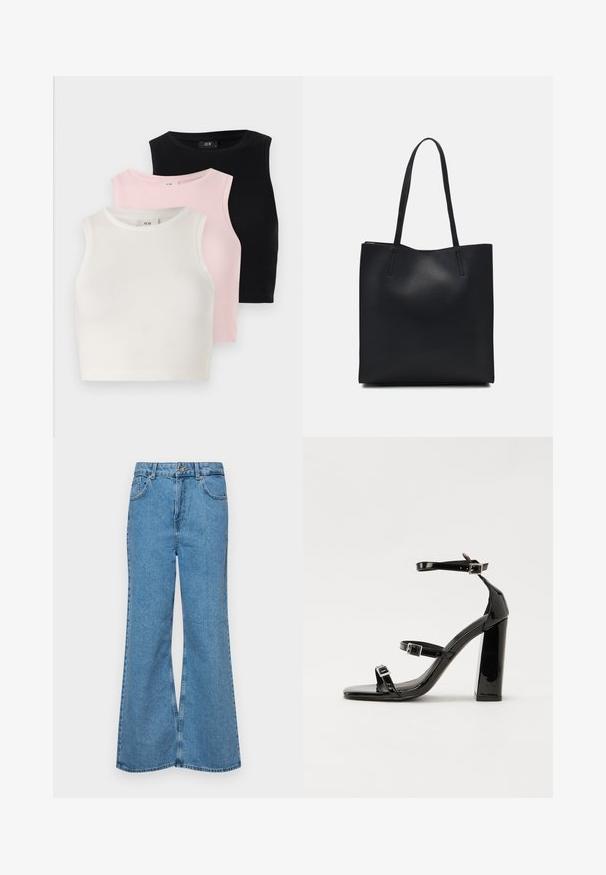 Három ujjatlan crop top, bordás textúrával: fehér, világos rózsaszín és fekete. Mindegyik környakú és testhez simuló fazonú.; Világoskék, trapézszárú farmernadrág, magas derékkal, öt zsebbel és egy gombos záródással. Puha tapintású, magasított effektusú anyag.; Fekete lakk magas sarkú szandál négyzet alakú orral, bokapántokkal és ezüst csatokat tartalmaz. Masszív blokk sarka a stabilitásért felel.; Fekete bőrtáska sima felszínnel, téglalap alakú, két hosszú füllel. Nincs látható fémkiegészítő vagy díszítés.