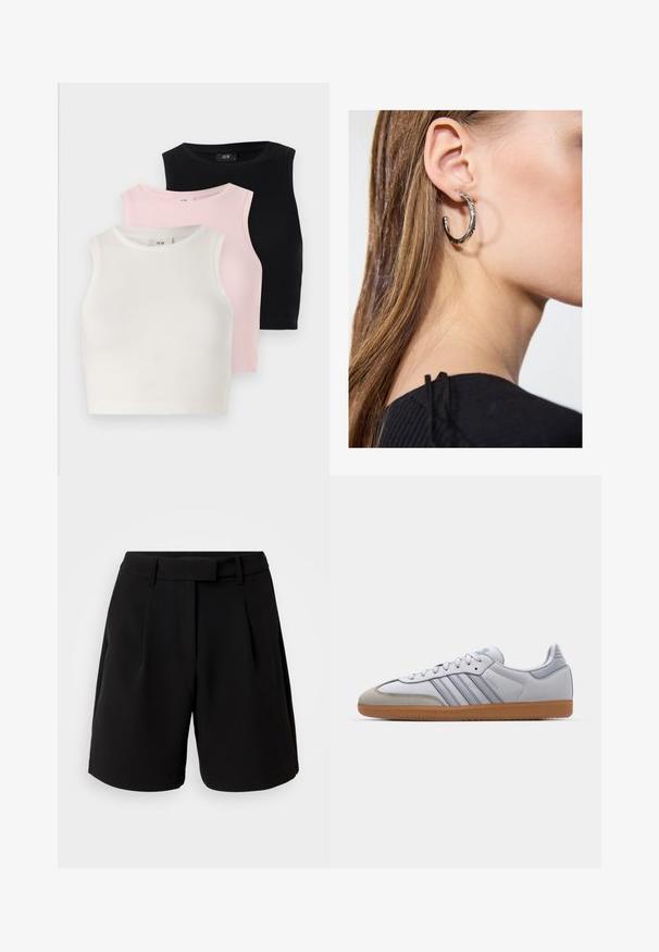 Kolme ilma varrukat crop topi ribatud tekstuuriga: valge, hele roosa ja must. Igal on ümar kaelus ja sobiv disain.; Mustad mustad lühikesed püksid, valmistatud siledast kangast, kõrge vöökohaga, voltide, vöökoharihmade ja küljetaskutega, puhaskujundusega.; Valged nahast tossud helesiniste detailidega, hallist suede'ist varvas ja pruun kummitald. Omab kolme sinist triipu ja "Samba" brändimist.; Hõbedane rõngas kõrvarõngas poleeritud viimistlusega, millel on väikesed kuldsed aktsendid ja ümmargune kuju, kantud lobus.