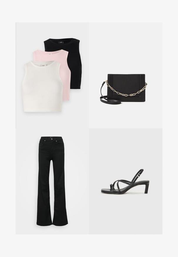 Tričko bez rukávov s rebrovanou textúrou: biele, svetloružové a čierne. Každé má okrúhly výstrih a priliehavý strih.; Čierne rozšírené džínsy vyrobené z denimu, s vysokým pásom, piatimi vreckami a kovovým zapínaním. Hladká textúra s minimálnym zdobením.; Čierne sandále na vysokom podpätku so štvorcovou špičkou a nízkym blokovým podpätkom. Obsahujú viacero tenkých popruhov a nastaviteľný členkový popruh. Vyrobené z hladkej kože.; Čierna kožená crossbody taška s hladkou textúrou, obdĺžnikovým tvarom a kovovým reťazovým detailom na prednej strane. Súčasťou je nastaviteľný popruh.
