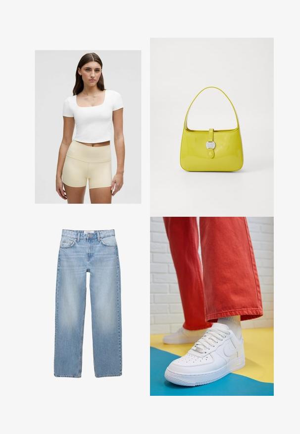 Bílý zkrácený tričko s kulatým výstřihem, spárované se světle béžovými šortkami s vysokým pasem, hladká tkanina, přiléhavý střih.; Světle modré denimové džíny se střihnutím rovného nohavice, v pěti kapsách a viditelnými švy. Materiál je měkký a má jemně vybledlý vzhled.; Bílé kožené tenisky s perforovanou špičkou, texturovanou podešví a bílými tkaničkami, v kombinaci s širokými červenými kalhotami a modro-žlutým pozadím.; Žlutá lakovaná kabelka se strukturovaným tvarem, horním uchem a předním uzavíráním na patent s kruhovým kovovým logem.