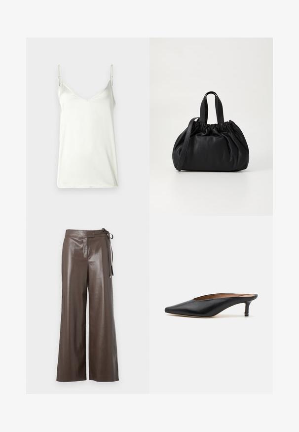 White cami top made from smooth fabric, featuring thin adjustable straps and a V-neckline. Simple design with no patterns or embellishments.; Brown faux leather wide-leg pants with high waist and side tie detail on a white background.; Black leather mules with a pointed toe and low, block heel. Smooth texture with a sleek design. Open back with minimal detailing.; Black leather handbag with a gathered top design, featuring two short handles and a long adjustable strap. Smooth texture, rounded shape.