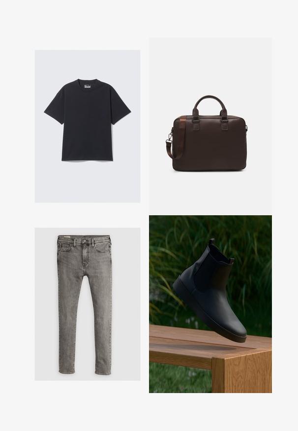 Črna bombažna majica z običajnim okroglim ovratnikom, kratkimi rokavi in sproščenim krojem. Gladka tekstura s minimalnimi šivi.; Sive kavbojke z oprijetim krojem, petimi žepi in šivi na šivih. Gladka tekstura, standardni pas.; Črne usnjene gležnjarje z elastičnimi stranskimi paneli, gladke teksture, okrogle nosne prednice in ravnim podplatom, postavljene nad leseno mizo v ozadju z zelenjem.; Rjava usnjena torba za prenosni računalnik z teksturirano površino, dvema zgornjima ročajema, nastavljivim trakom in dvema sprednjima sponkama za dodatne podrobnosti.