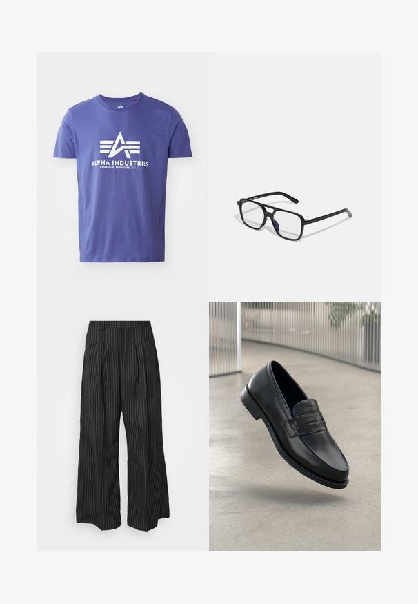 Violeta kokvilnas t-krekls ar īsām piedurknēm, uz kura ir balts logo ar tekstu "ALPHA INDUSTRIES" un ģeometrisku dizainu.; Melnas strīpainas platās bikses ar pieūgumiem, ar pielāgotu dizainu un mīkstu tekstūru. Nav redzamu detaļu vai akcentu.; Melns ādas mokasīns ar gludu tekstūru, smails purngalu un dekoratīvu siksnu pāri pakavsaitam. Viegls zole, minimāls dizains.; Melnas taisnstūra brilles ar caurspīdīgiem stikliem un smalku purpura tonējumu, ar gludām kājiņām un minimālistisku dizainu.