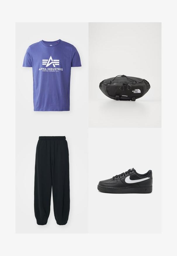 Fialové bavlněné tričko s krátkým rukávem, s bílým logem, které obsahuje "ALPHA INDUSTRIES" a geometrický design.; Černé teplákové kalhoty s elastickým pasem, volným střihem, manžetami na kotnících, hladkým povrchem a bez viditelných vzorů či kovových detailů.; Černé tenisky Nike Air Force 1 s hladkým koženým svrškem, bílým logem, perforovanou špičkou a texturovanou gumovou podrážkou.; The North Face TERRA LUMBAR 3L UNISEX - Ledvinka - asphalt grey/black