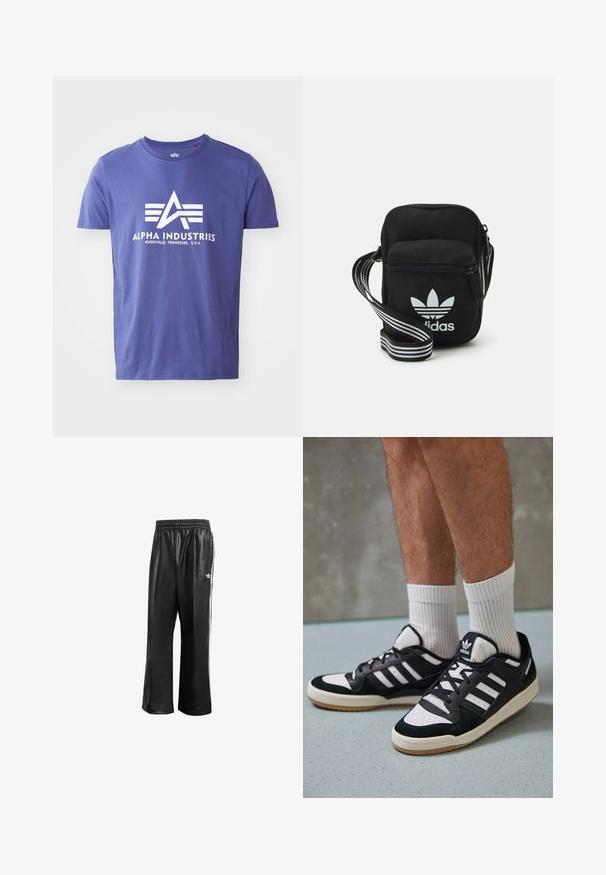 T-shirt de algodão roxo com mangas curtas, apresentando um logótipo branco que inclui "ALPHA INDUSTRIES" e um design geométrico.; Calças de treino sintéticas pretas com um cós elástico, apresentando riscas laterais brancas e um pequeno logótipo branco no quadril esquerdo.; Ténis em preto e branco com upper em camurça e couro, apresentando três riscas brancas, um toe perfurado e uma sola em borracha de goma.; Sacolinha transversal de tecido preto com fecho de zíper, apresentando um logo da Adidas em branco e uma alça ajustável listrada para facilitar o transporte.