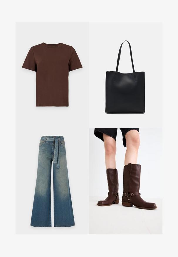 Pieces PCRIA SS SOLID TEE NOOS - Paprasti marškinėliai - chicory coffee; Platus džinsinis kelnes su šviesiai tamsiai mėlynu gradientu, aukštu juosmeniu, diržo kilpomis ir atitinkančiu audinio diržu. Textūruotas džinsinis paviršius.; Rudos odinės kelio ilgio batai su apvalia nosimi, tekstūruotu paviršiumi, užkulnio dirželiu ir sidabriniais detaliais; storas kulnas.; Juodas odinis tote krepšys su lygia tekstūra, stačiakampio formos ir dviem ilgais rankenomis. Matomų metalinių detalių ar puošybos nėra.