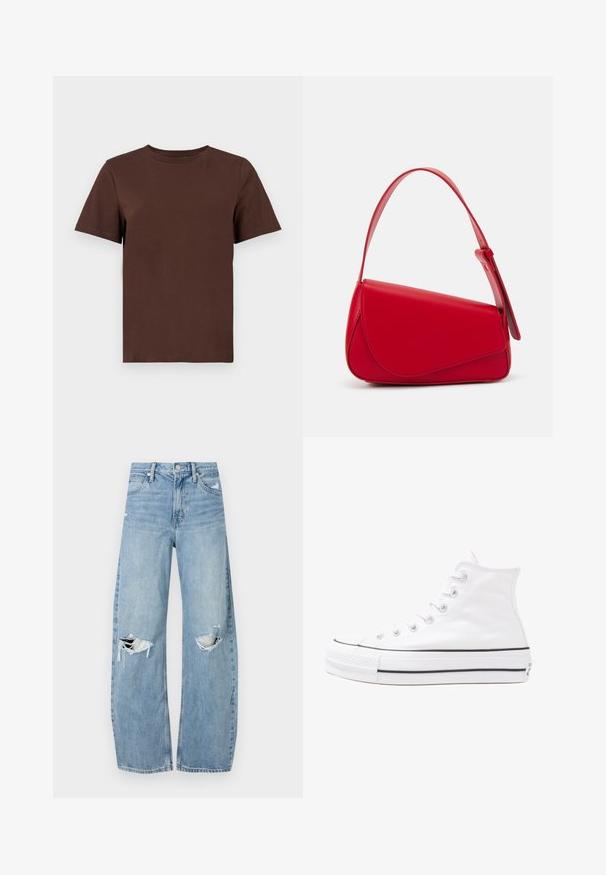 Pieces PCRIA SS SOLID TEE NOOS - T-shirt - bas - chicory coffee; Ljusblå, högmidjade jeans i denim. Har vida ben, två slitna knäområden och klassisk femfickedesign.; Vit hög topp canvas sneaker med svart gummisulan, framsidan gummitåhätta och sex öglor för snören, med en ren, minimalistisk design.; Röd läderhandväska med en vinkelrät, geometrisk design. Har ett justerbart axelband och en klaffstängning med sydda detaljer.