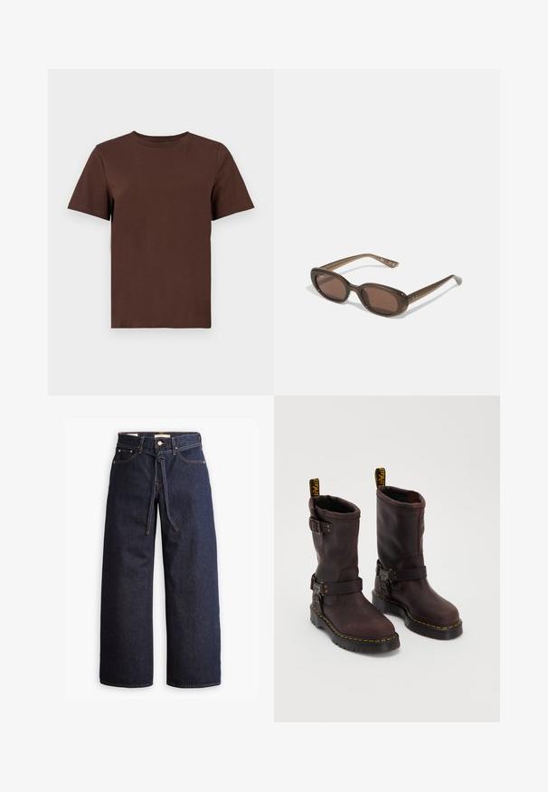 Pieces PCRIA SOLID TEE - T-shirt básica - chicory coffee; Calças de ganga de perna larga, em azul escuro, com uma cintura alta, apresentando um cordão, cinco bolsos e detalhes de costura em contraste.; Botas de couro castanho com um design até a panturrilha, apresentando uma tira e fivela, uma sola grossa preta e detalhes em costura amarela.; Óculos de sol ovais castanhos com lentes escuras. A armação é feita de um material castanho transparente e apresenta um logótipo impresso nas hastes.