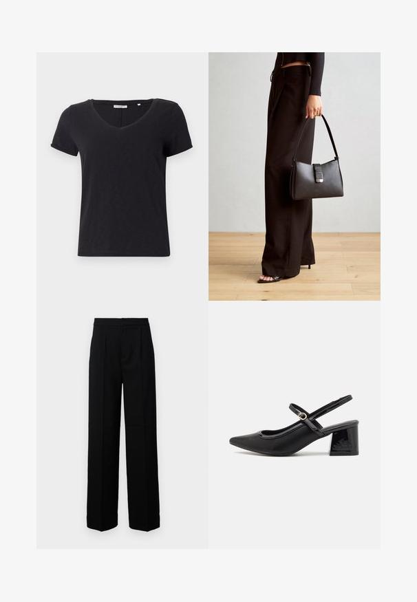Černé tričko s krátkým rukávem a výstřihem do V. Vyrobeno z měkké, prodyšné tkaniny s hladkou strukturou a bez výrazných vzorů.; Černé široké kalhoty s hladkým povrchem, s rovnými předními částmi, sklady a dokonale ušitým pasem. Žádné viditelné kovové prvky nebo vzory.; Černé lakované lodičky s otevřenou patou, špičatou špičkou, zaobleným střihem a blokovým podpatkem. Zdobené akcentem v zlatém tónu.; Černá kabelka se strukturovaným tvarem, hladkým povrchem a kovovým uzávěrem. Kombinována s širokými černými kalhotami a sandály s otevřenou špičkou na dřevěné podlaze.