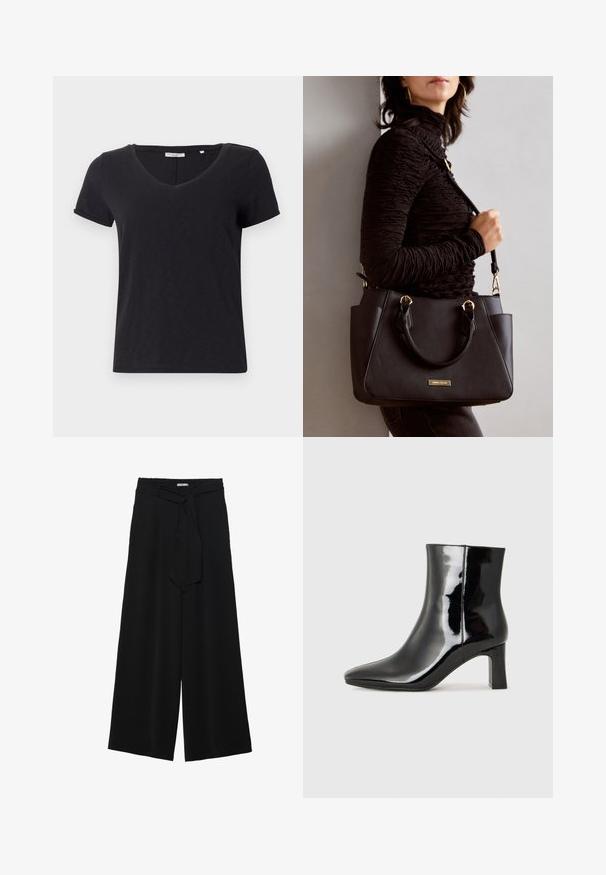 Fekete, rövid ujjú, V-kivágású póló. Puha, lélegző anyagból készült, sima textúrával és kiemelkedő minták nélkül.; Fekete, bő szárú nadrág, texturált anyagból, rugalmas derékpánttal és levehető sállal a derekán, amely állítható illeszkedést biztosít.; Fekete lakk bőrcipő bokáig érő, hegyes orral és közepes magasságú tömbsarokkal. Simább textúrával és minimalista dizájnnal rendelkezik.; Fekete kézitáska texturált felülettel, dupla felső fogantyúval és állítható vállpánttal. Arany színű fém kiegészítők és oldalsó zsebek találhatók rajta.