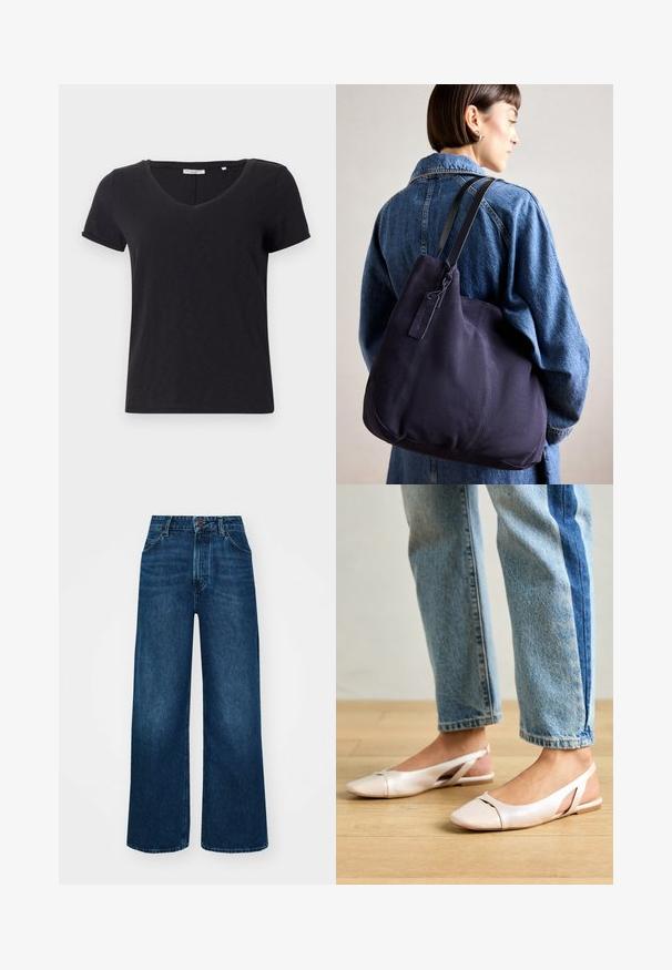 Melna īsām piedurknēm T-kreklā ar V veida kakla izgriezumu. Izgatavots no mīksta, elpojoša auduma ar gludu tekstūru un bez izteiktiem rakstiem.; Augsti vidukļa, plata kāju džinsi tumši zilā denima ar gludu tekstūru, kontrastējošu šuvju un piecu kabatu dizainu. Priekšpuses pogu aizdare.; Bālti rozā siksniņu dzīvokļi ar smailu purngalu, izgatavoti no gludas ādas līdzīgās materiāla. Iezīmē izgriezumu detaļas sānos un platu papēdi.; Jūras spēku kanvas plecu soma ar mīkstu, strukturēta formu, kas piedāvā melnu siksnu, izšūtu detaļu un nelielu zīmola birku.