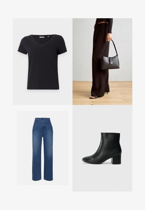 Fekete, rövid ujjú, V-kivágású póló. Puha, lélegző anyagból készült, sima textúrával és kiemelkedő minták nélkül.; Közepesen kék, magas derekú farmernadrág. Elöl gombos részletek és széles szárú kialakítás jellemzi. Az anyaga sima tapintású, enyhén megfakult.; Fekete bőr bokacsizma hegyes orral és vastag sarokkal. Sima felület minimális díszítéssel és karcsú, passzos kialakítással.; Fekete kézi táska strukturált formával, sima textúrával és fémből készült záródással. Széles fekete nadrággal és nyitott orrú szandállal párosítva, fából készült padlón.