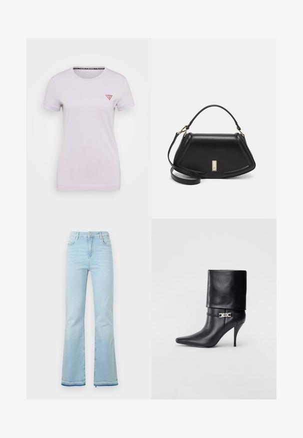 Guess MINI TRIANGLE TEE - T-Shirt basic - new light lilac; Hellblaue Schlagjeans aus Denim, mit hoher Taille, Vordertaschen und einem rohen Saum an den Bündchen für einen lässigen Look.; Schwarze Leder-Ankle-Boots mit spitzer Zehenpartie, hohen Stiletto-Absätzen, umgeschlagenem Schaft und einem goldenen dekorativen Schnallen-Detail an der Knöchel.; Schwarze Lederhandtasche mit einem strukturierten Design, das eine verkürzte Form, einen oberen Griff und goldfarbene Hardware-Details aufweist. Verstellbarer Schulterriemen ist enthalten.