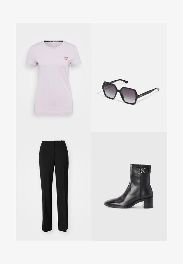 Guess MINI TRIANGLE TEE - Tricou basic - new light lilac; Pantaloni negri tailor-ed cu un design drept, având o textură fină și cute clare pe față. Fără elemente de prindere vizibile.; Botine negre din piele, cu vârful ascuțit, toc bloc și o curea cu detaliu metalic al logo-ului. Textură netedă și design minimalist.; Ochelari de soare hexagonali negri cu lentile graduat, având o finisare lucioasă și o marcă subtilă pe braț. Construcție din plastic durabil.