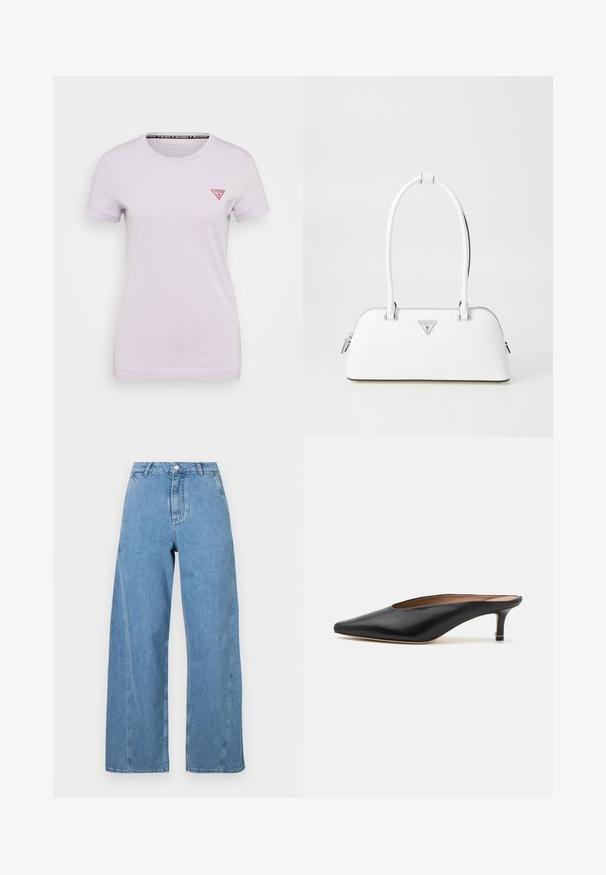 Guess MINI TRIANGLE TEE - Basic T-shirt - new light lilac; Light blue wide-leg jeans made of denim, featuring a high waist, straight cut, and contrasting stitching along the seams.; Black leather mules with a pointed toe and low, block heel. Smooth texture with a sleek design. Open back with minimal detailing.; White leather handbag with a curved shape, featuring a silver triangular logo and zipper closure. Smooth texture and dual handles.