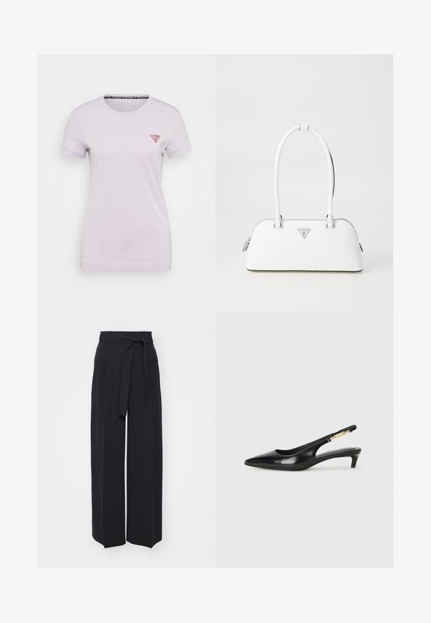 Guess MINI TRIANGLE TEE - T-paita - new light lilac; Leveled black trousers made of soft fabric. Features a belted waistband and front pleats. Smooth texture with a clean, contemporary design.; Mustat nahkaiset slingback-korkokengät, joissa on terävä kärki, ohuet korot ja kultasävytteinen yksityiskohta säädettävässä hihnassa. Silkkinen pinta.; Valkoinen nahkalaukku, jossa on kaareva muoto, hopeinen kolmion muotoinen logo ja vetoketjukiinnitys. Liukas pinta ja kaksinkertaiset kahvat.